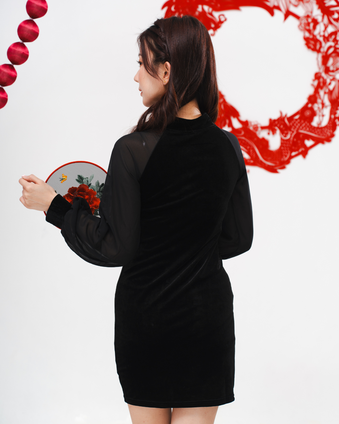 Velvet Sheer Lantern Sleeve Dress