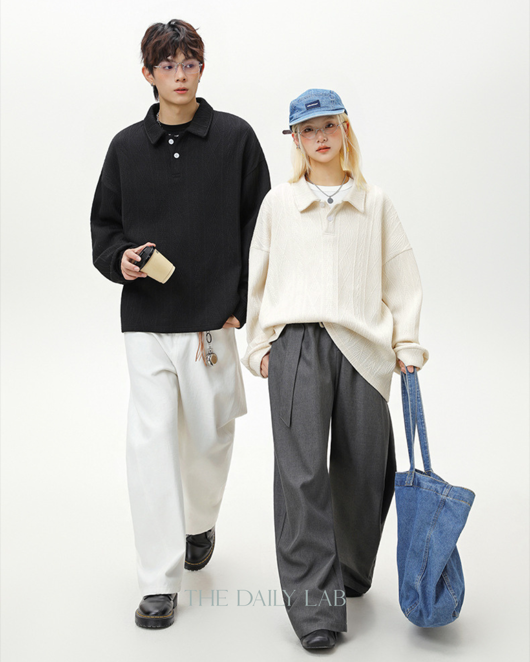 Heavyweight Textured Jacquard Turn-down Collar Sweatshirt In White