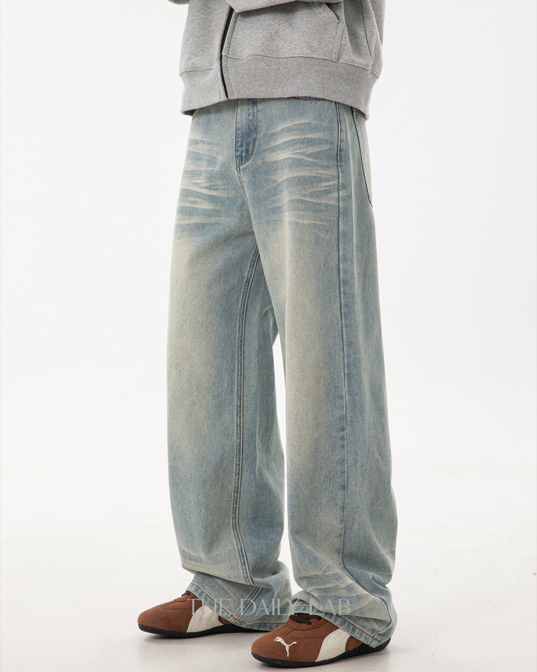 Whisker Washed Distressed Jeans in Blue