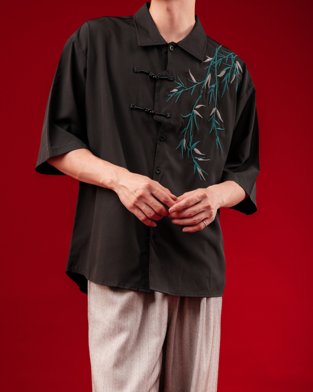 Embroidered Bamboo Chinese Shirt in Black