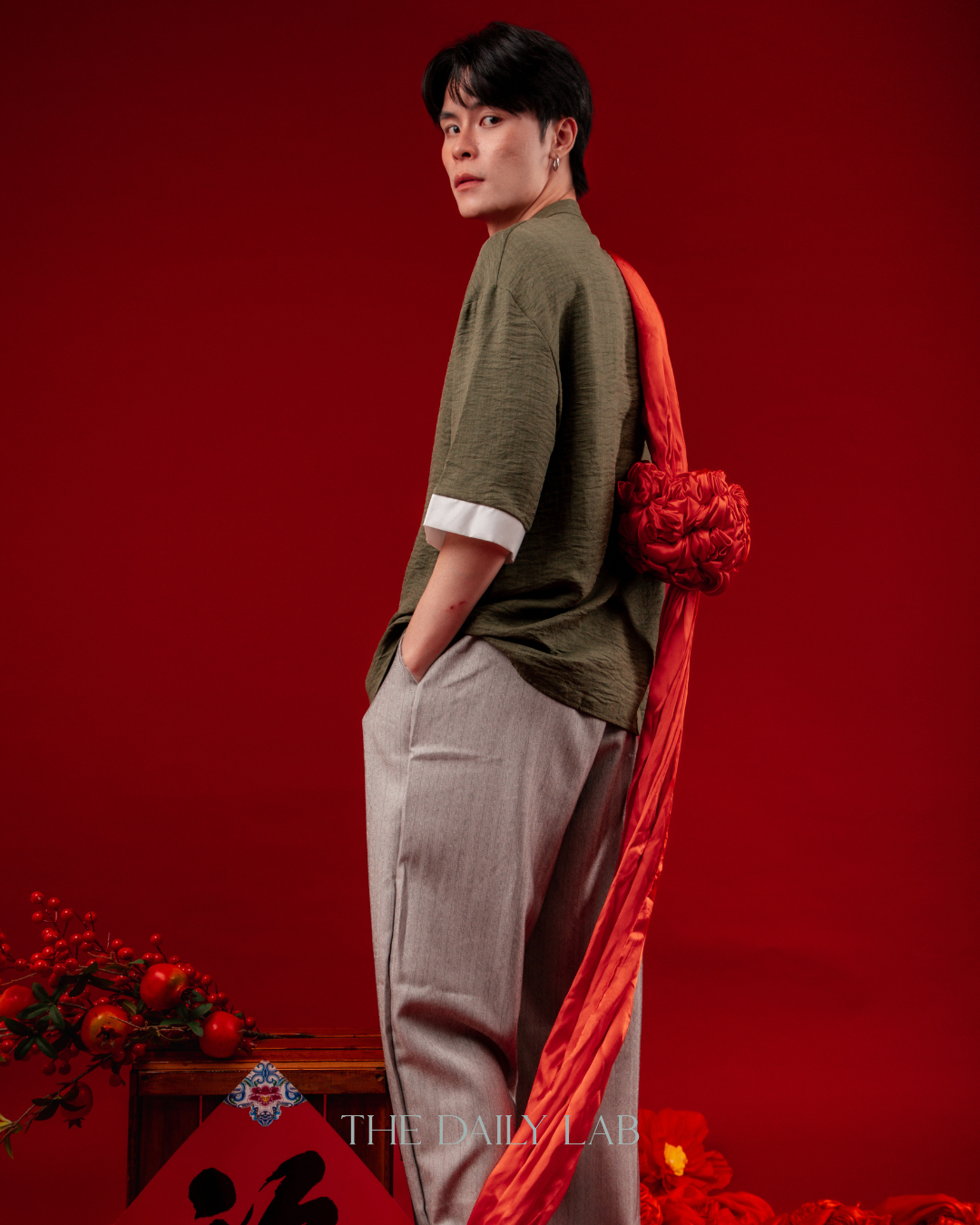 Vintage Linen Chinese Button Shirt in Green