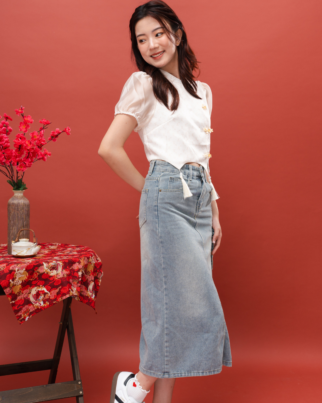 Denim Qipao Side Slit Skirt