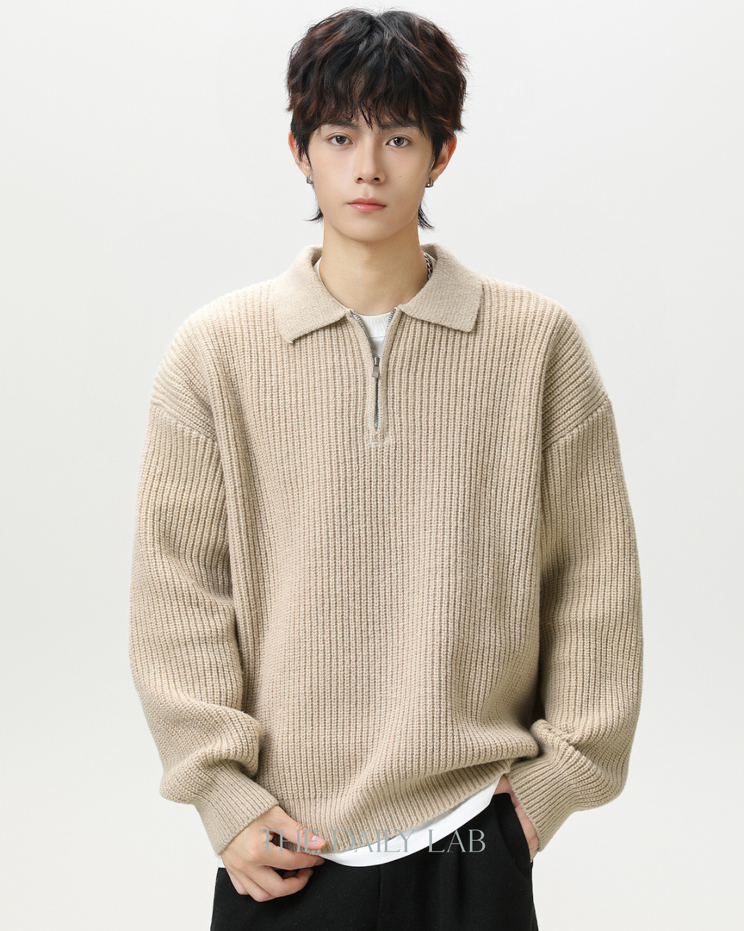 Heavyweight Half-Zip Knit Sweater in Beige