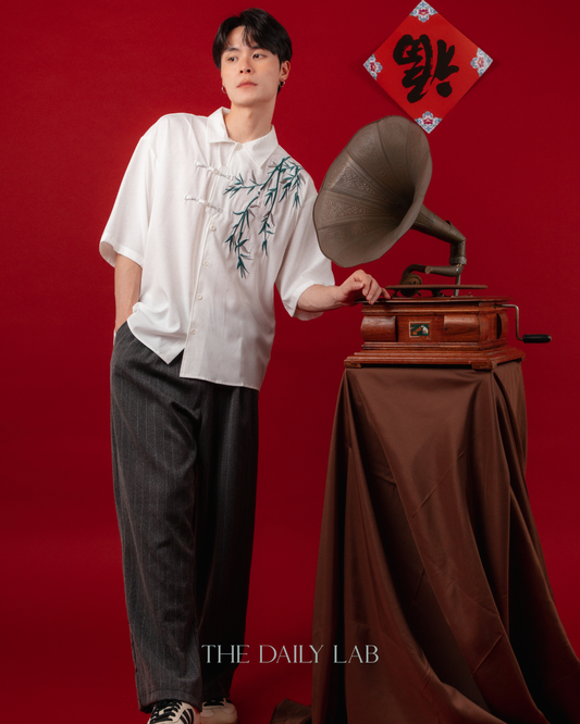 Embroidered Bamboo Chinese Shirt in White (In-Stock)