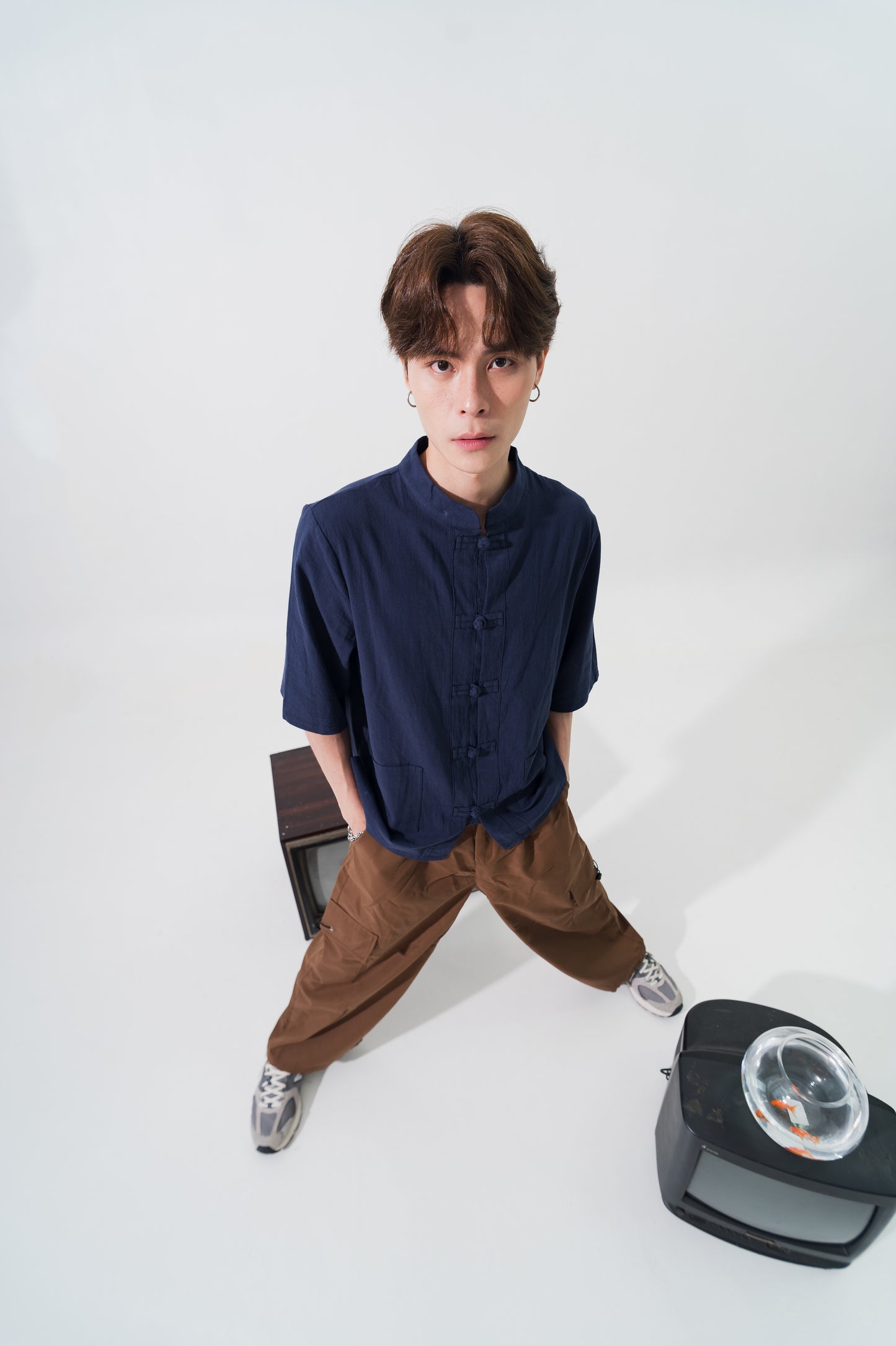 Linen Cotton Pankou Tang Suit in Navy