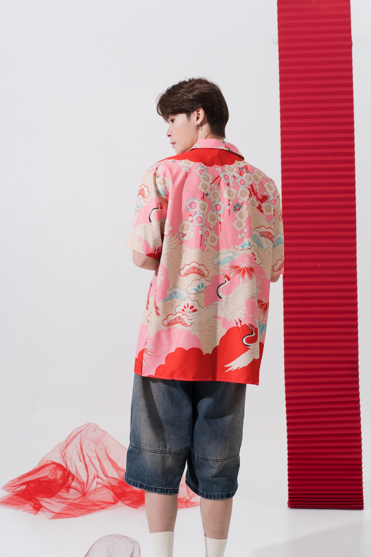 Japanese Crane Print Retro Shirt
