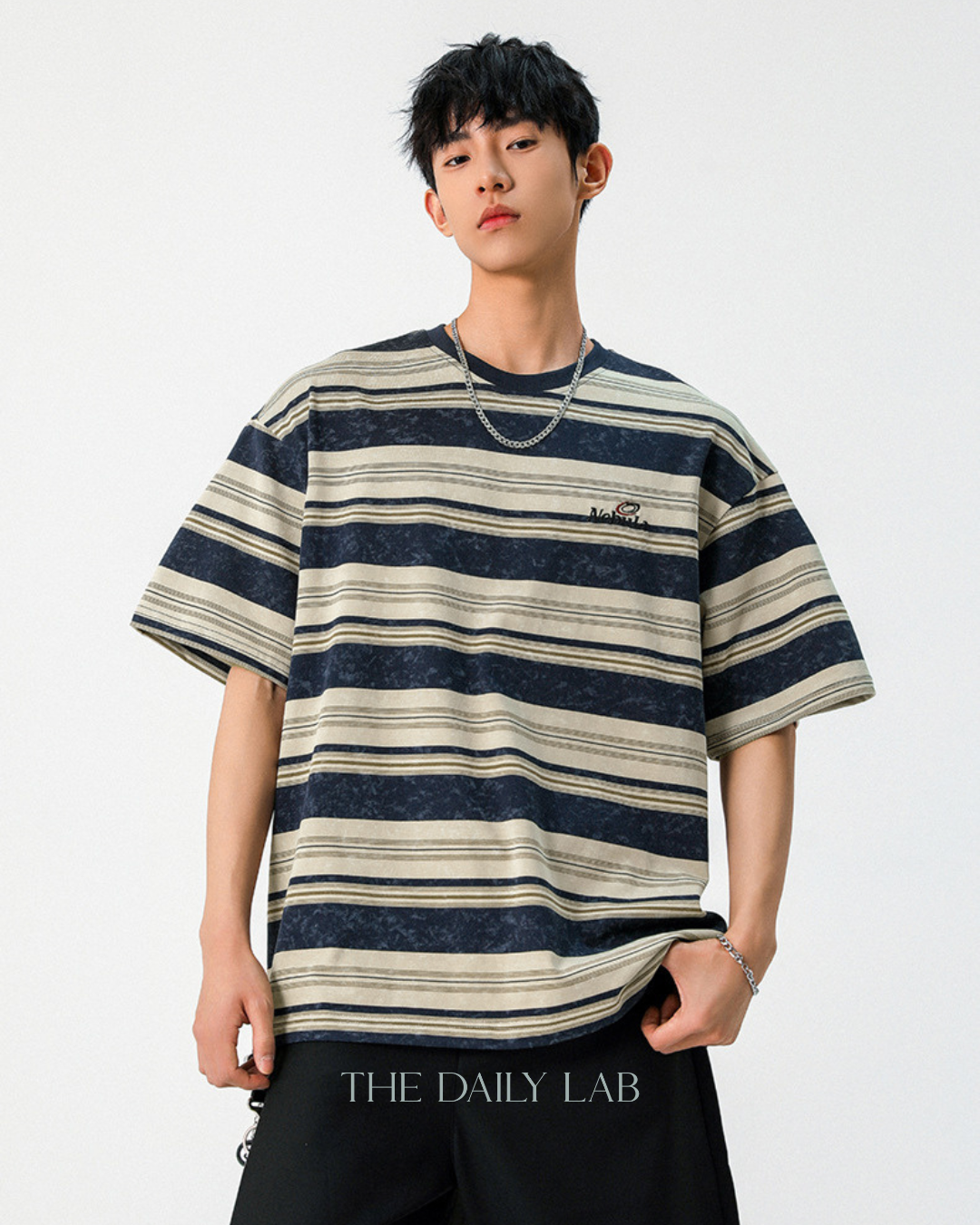 Vintage Tie-Dye Striped Tee in Navy Blue
