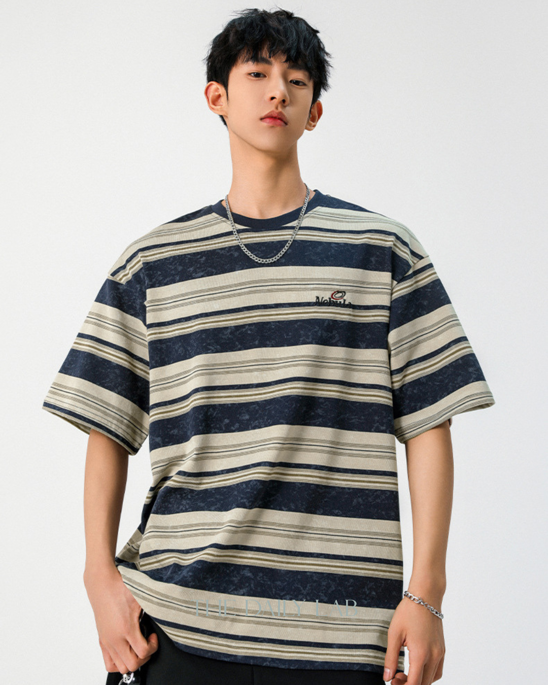 Vintage Tie-Dye Striped Tee in Navy Blue