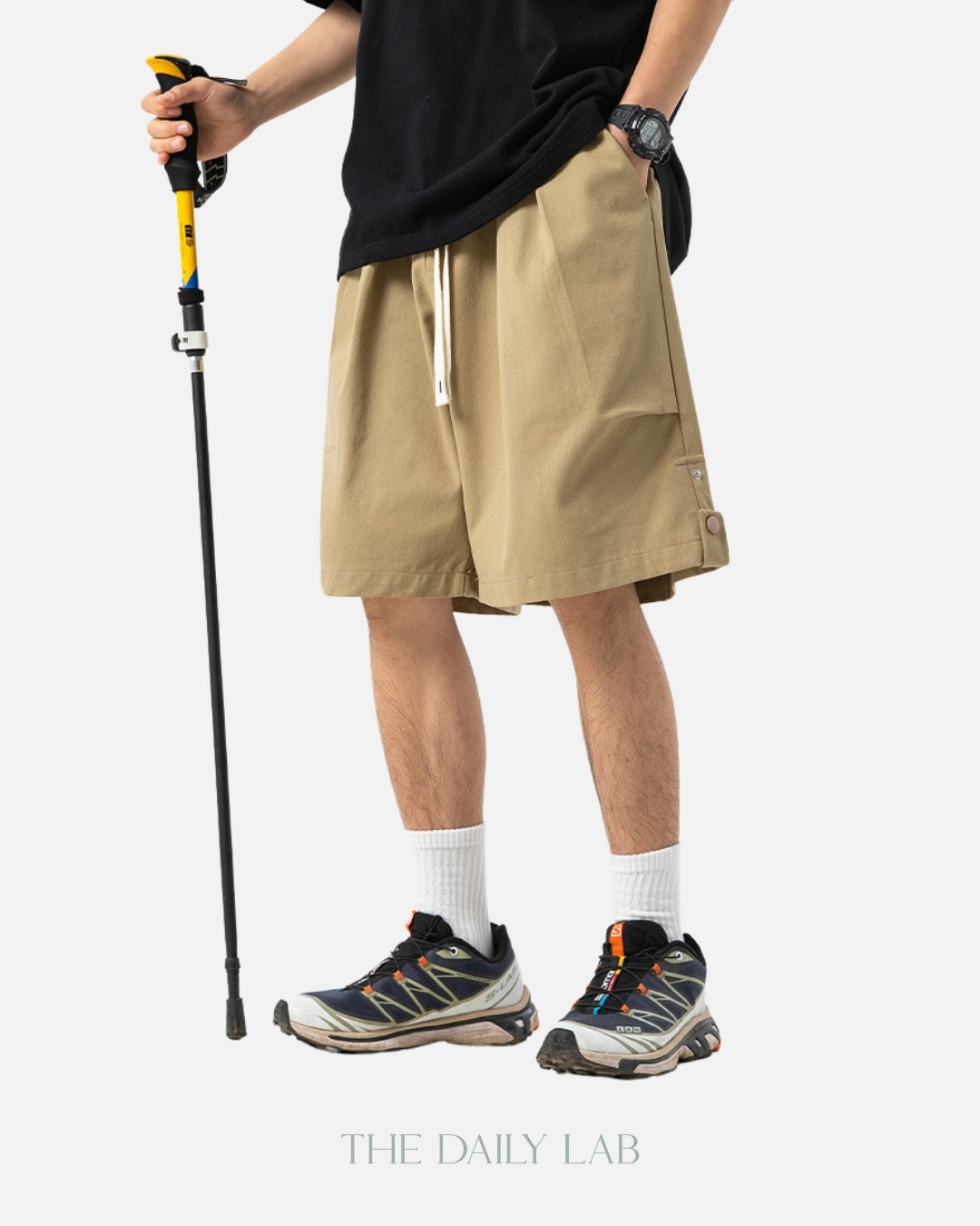 Side Buttoned Cotton Shorts in Khaki