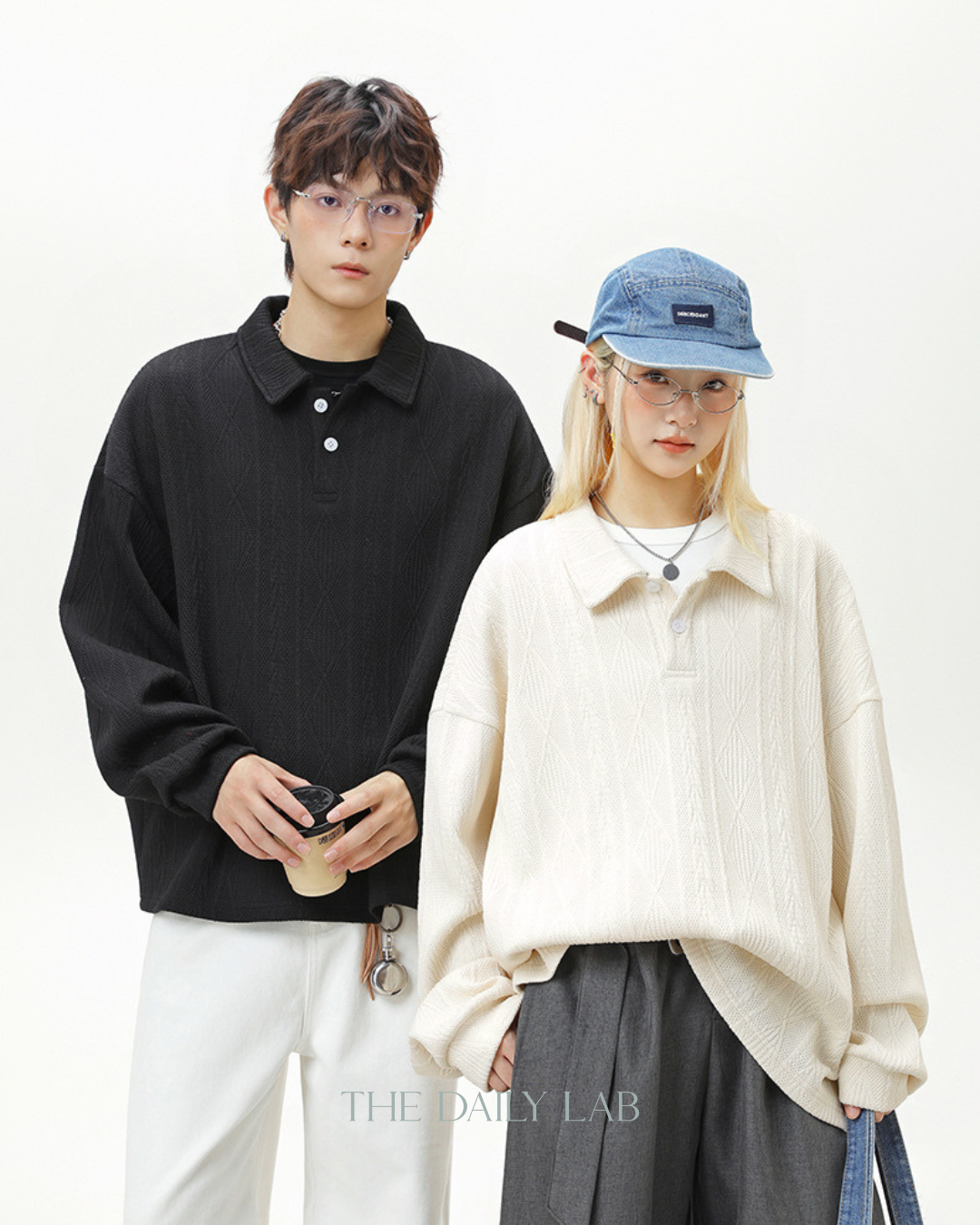 Heavyweight Textured Jacquard Turn-down Collar Sweatshirt In White
