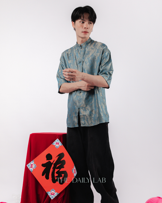 Chinese Style Phoenix Jacquard Shirt in Blue