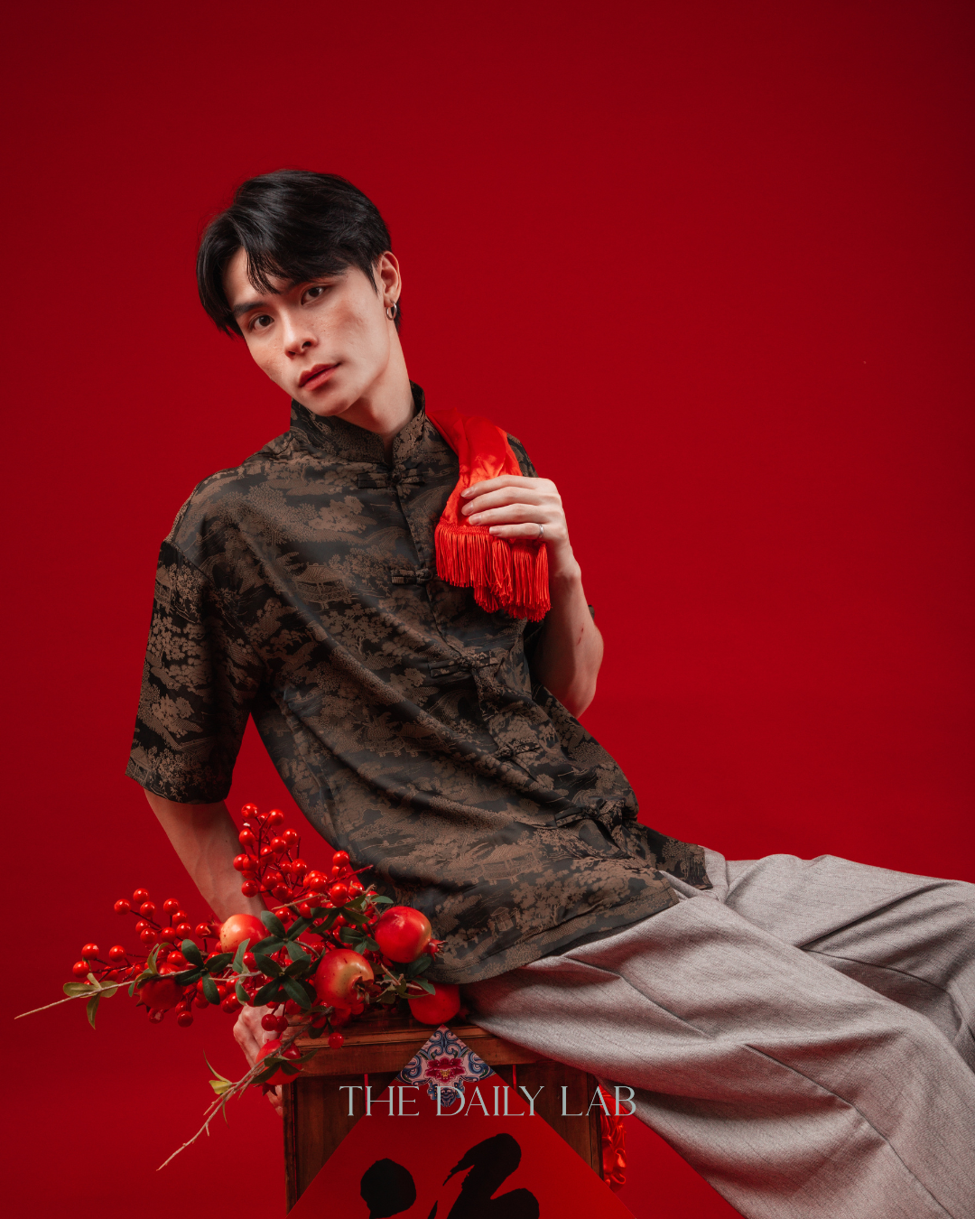 Lightweight Mandarin Collar Shirt in Brown