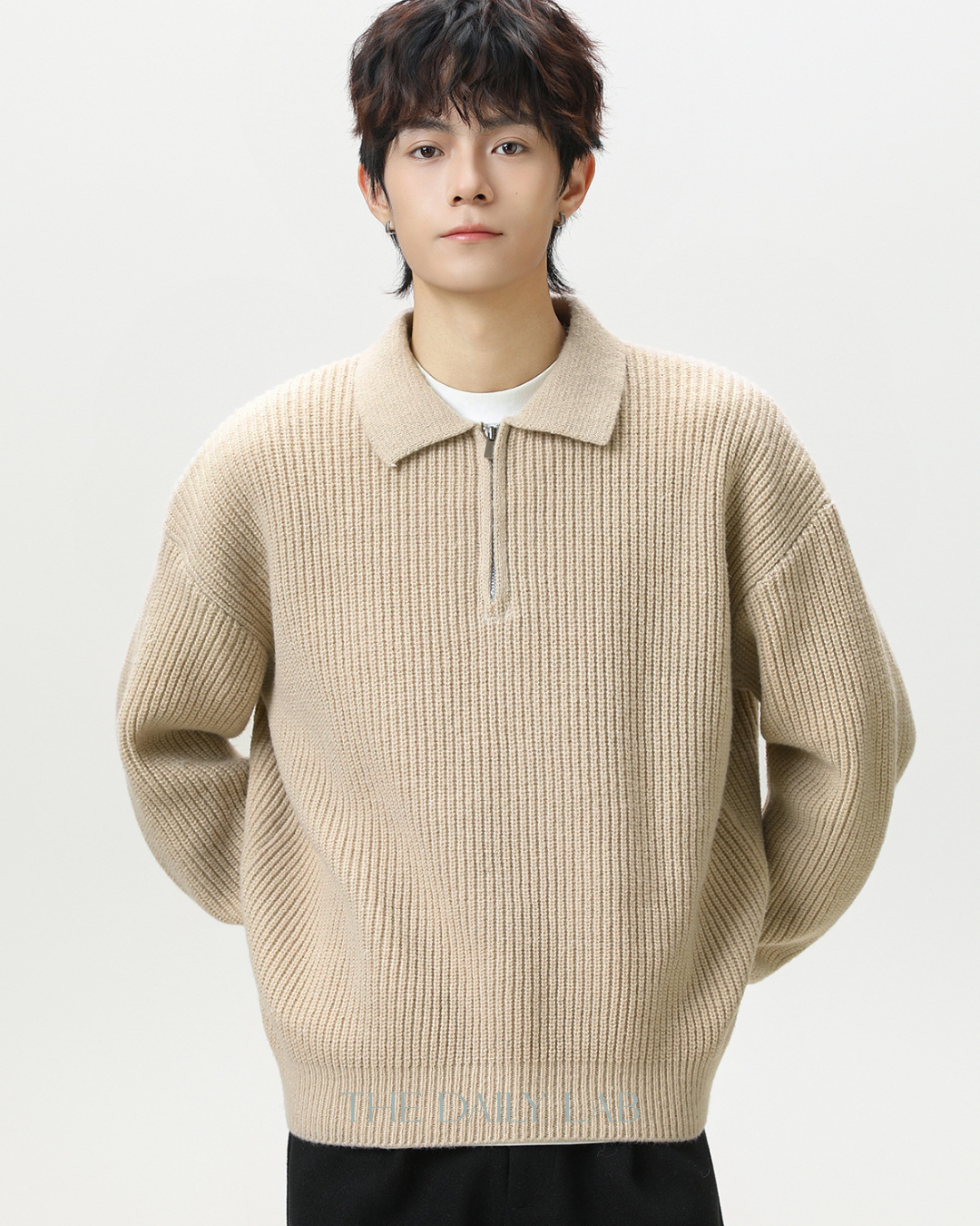 Heavyweight Half-Zip Knit Sweater in Beige