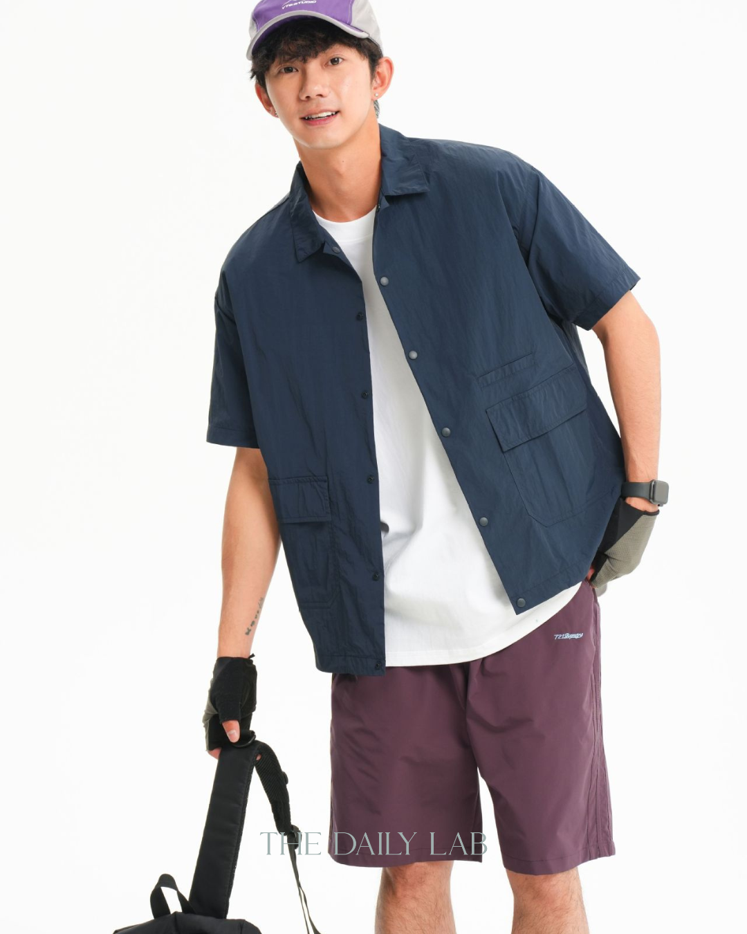 Solid Color Functional Short Sleeve Shirt In Navy Blue