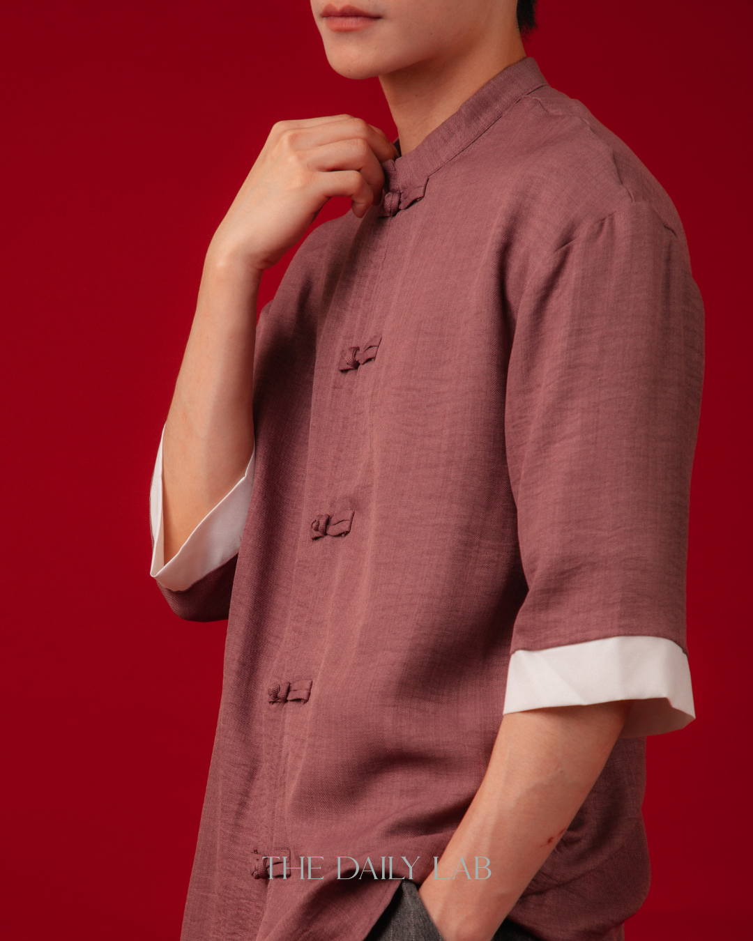 Vintage Linen Chinese Button Shirt in Purple