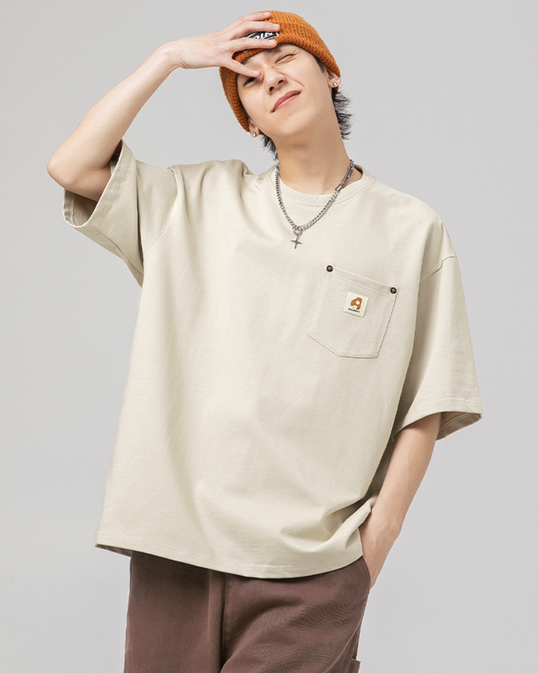 Pocketed Oversized Vintage Tee in Beige