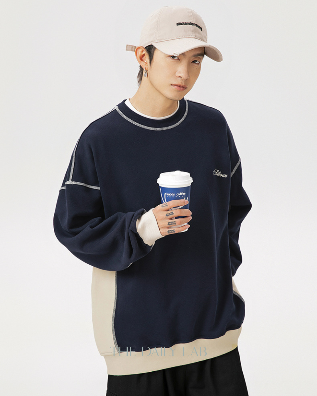 Retro Color Stitch Sweatshirt in Navy Blue