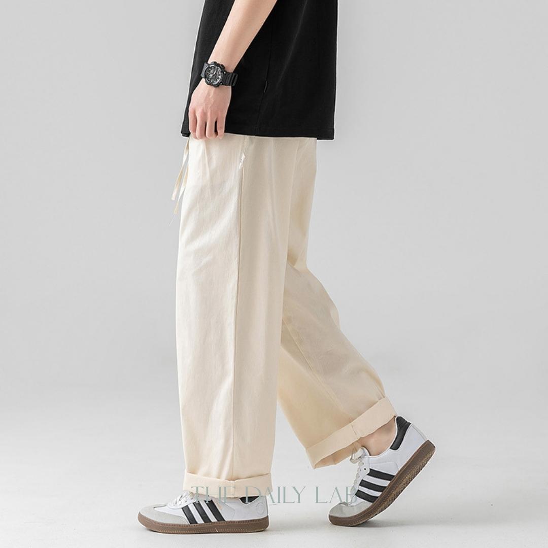 Drawstring Cargo Straight Long Pants in Beige