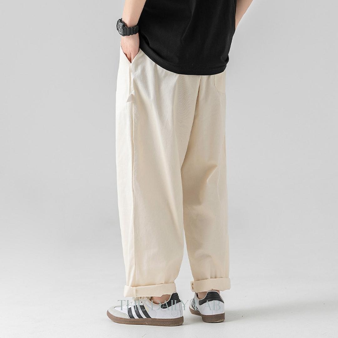 Drawstring Cargo Straight Long Pants in Beige