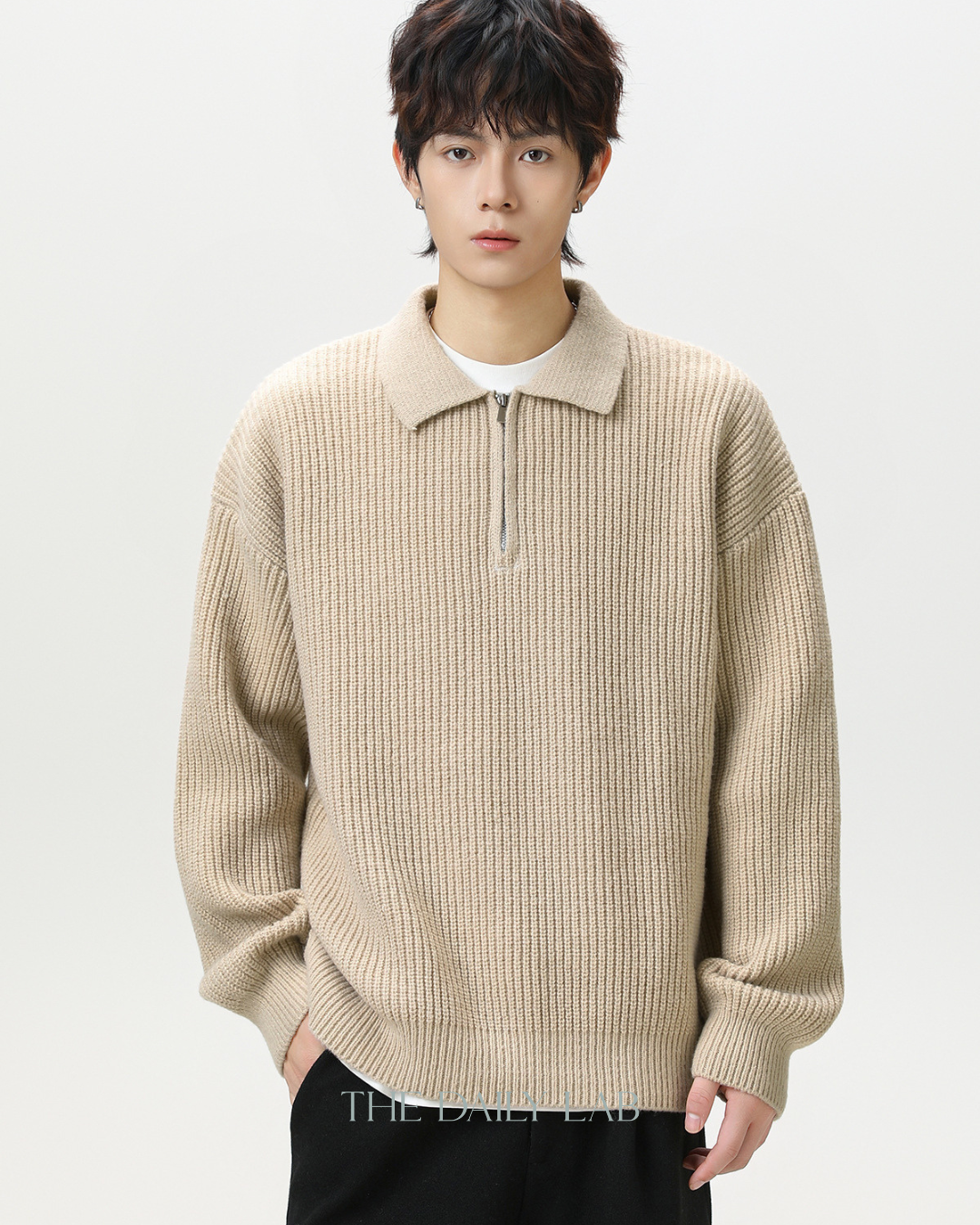 Heavyweight Half-Zip Knit Sweater in Beige