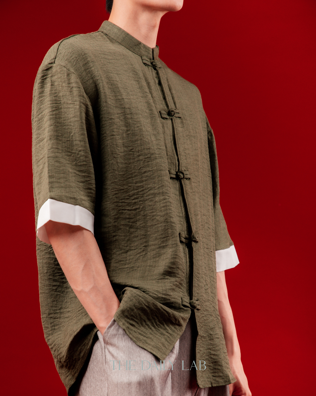 Vintage Linen Chinese Button Shirt in Green