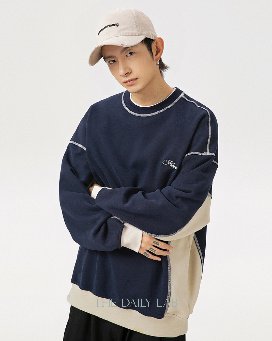 Retro Color Stitch Sweatshirt in Navy Blue