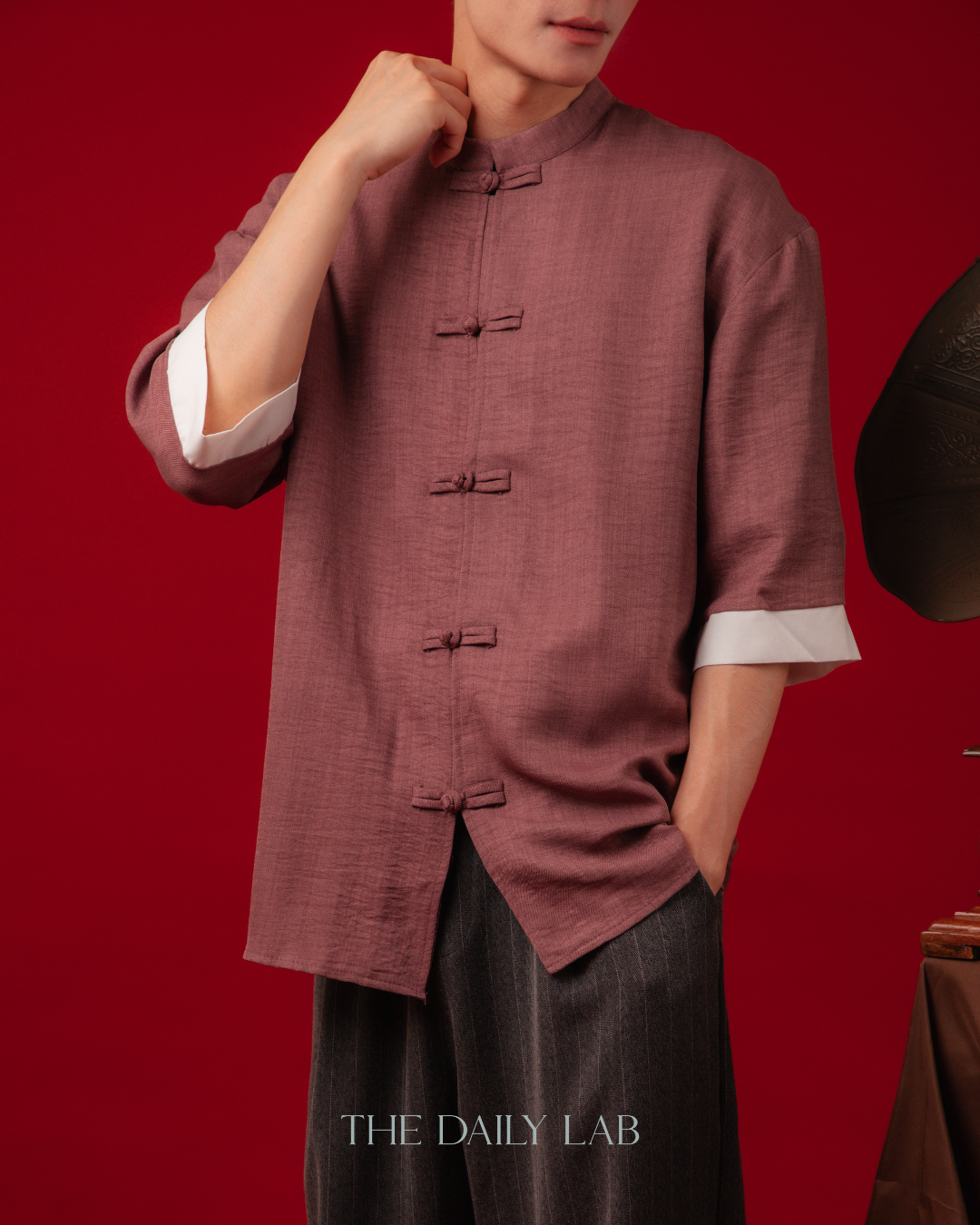 Vintage Linen Chinese Button Shirt in Purple