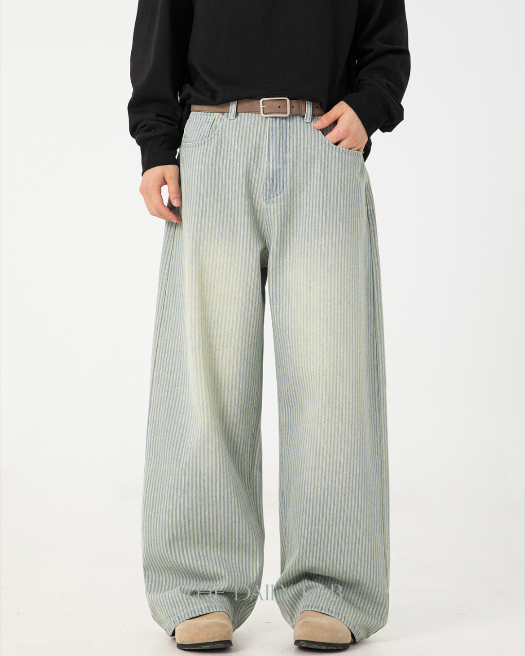 Vintage Washed Vertical-Stripe Jeans In Light Blue