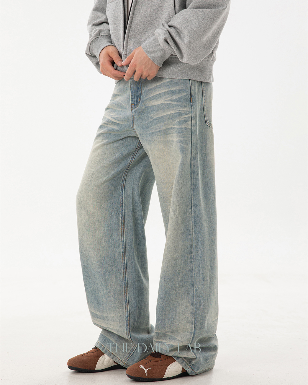 Whisker Washed Distressed Jeans in Blue