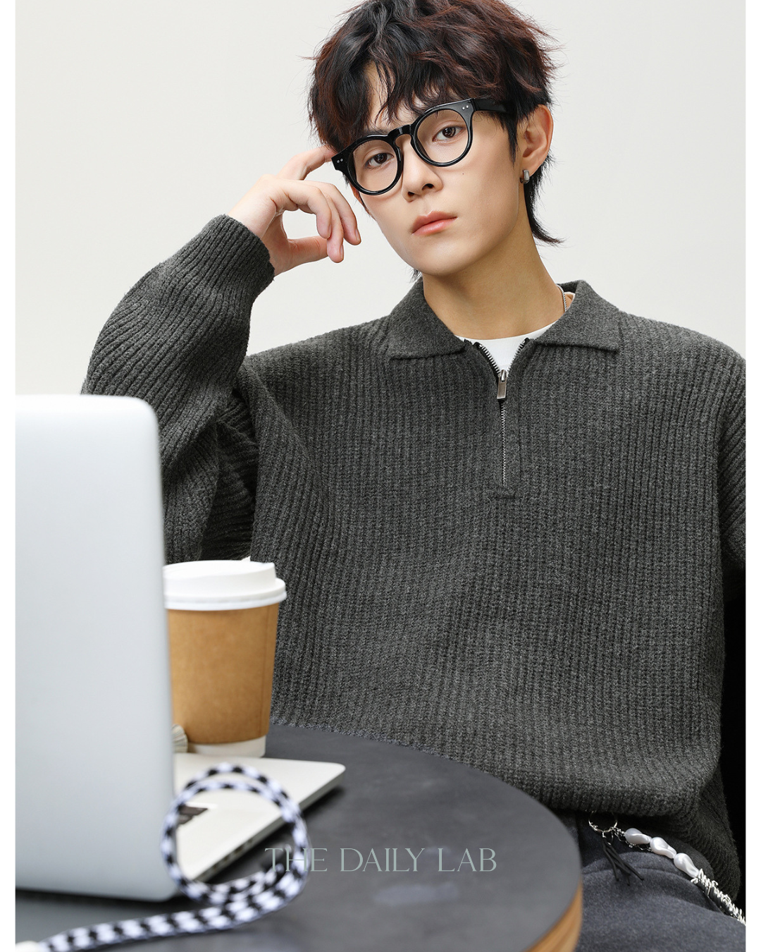 Heavyweight Half-Zip Knit Sweater in Grey