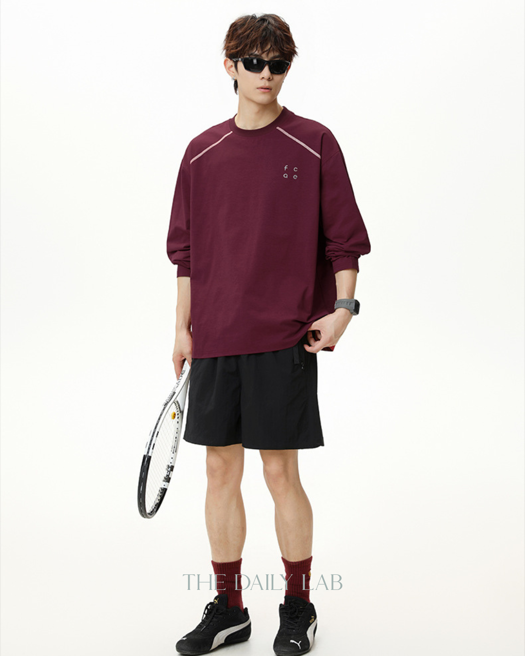 Contrast Panel Raglan Sports Long Shirt in Red