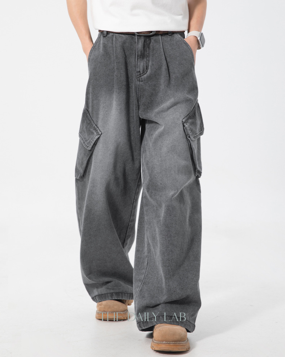 Washed Utility Denim Cargo Pants in Grey