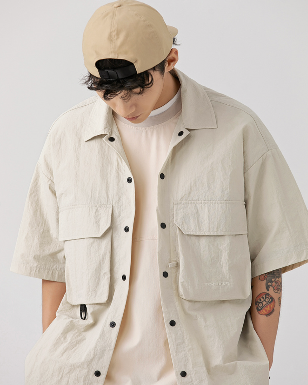 Nylon Cargo Buttoned Shirt in Beige