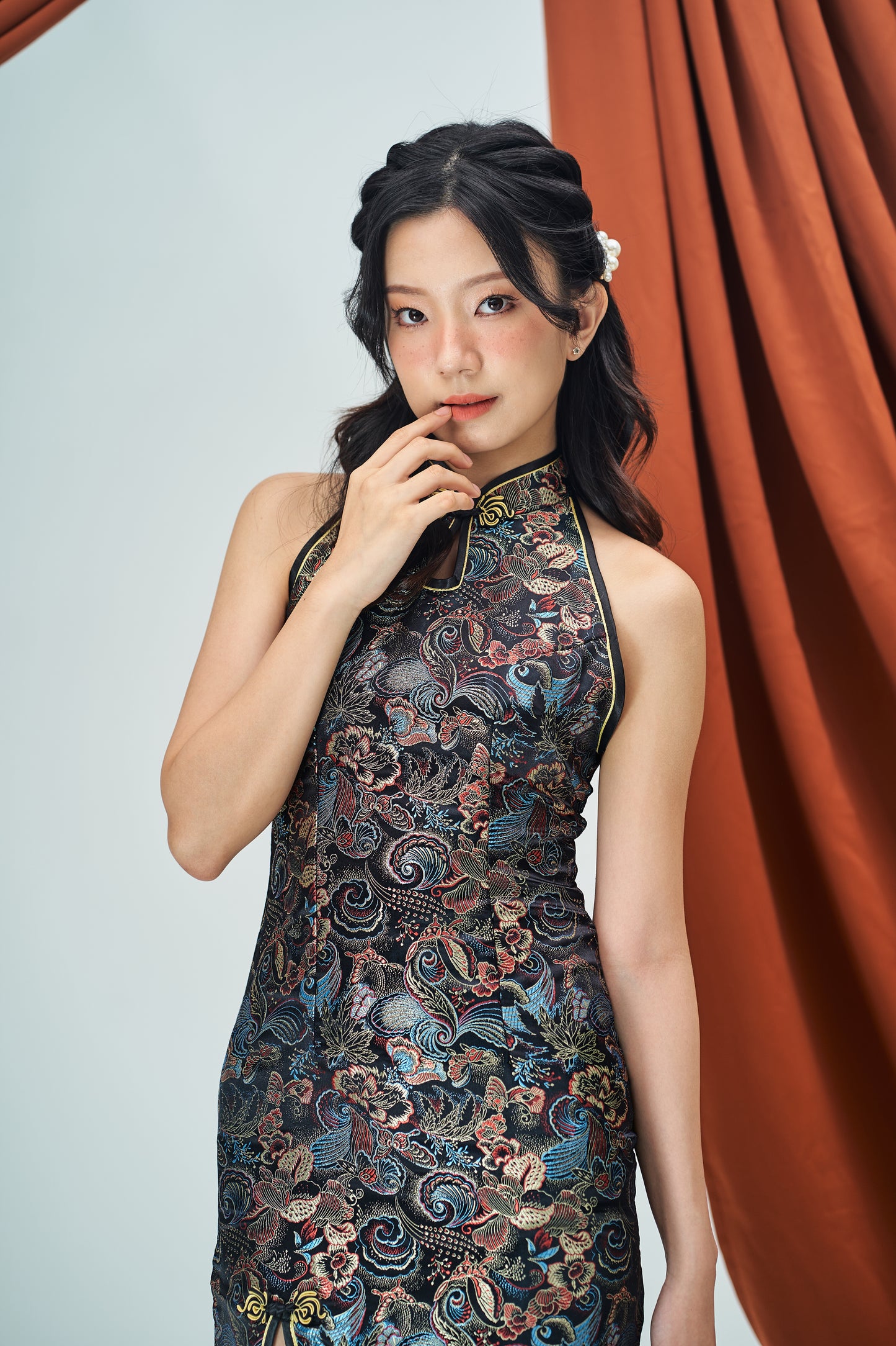 High-Neck Halter Cheongsam in Black
