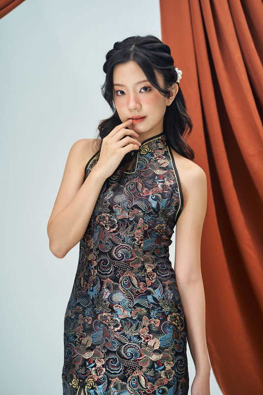High-Neck Halter Cheongsam in Black (In-Stock)