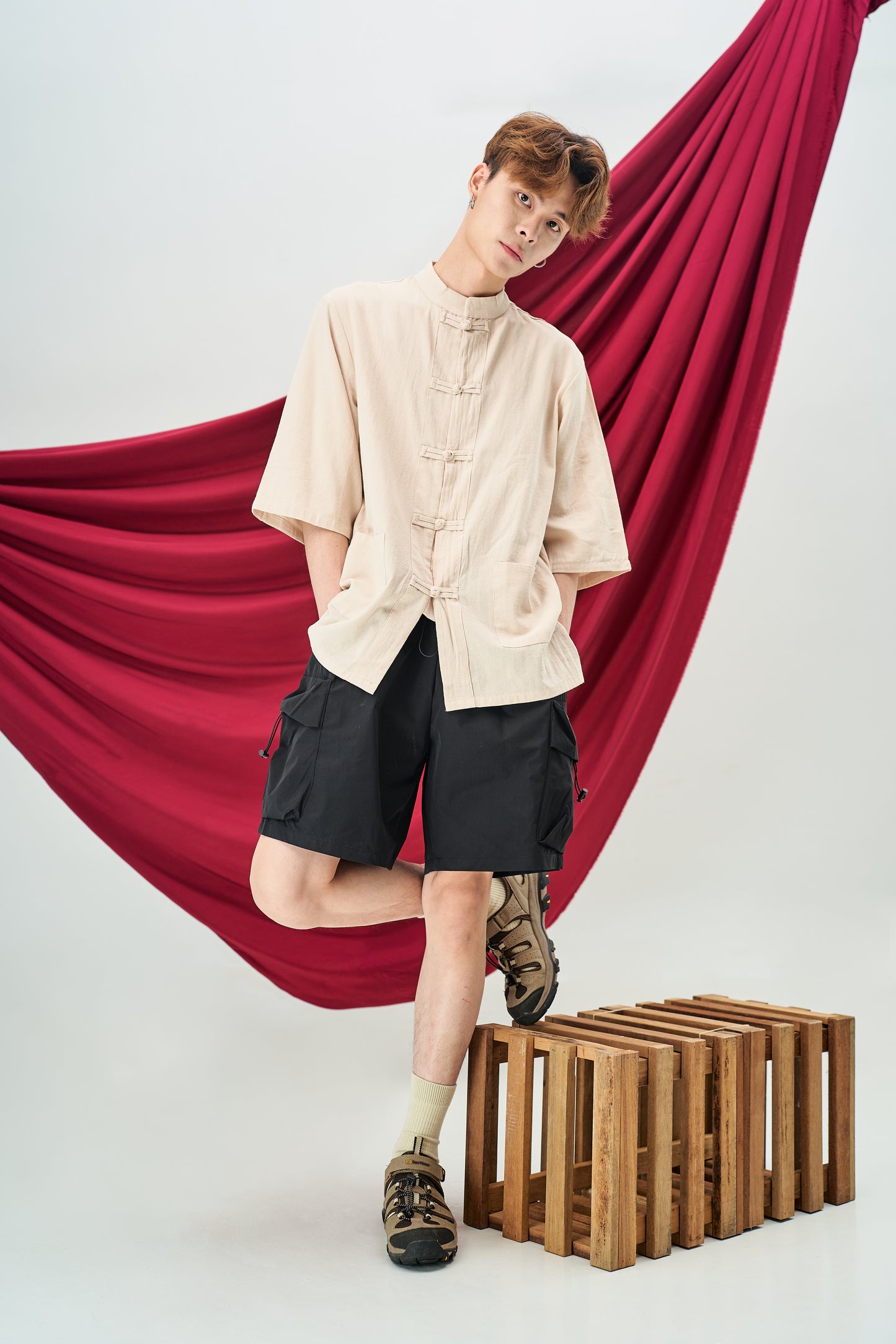 Cotton Linen Tang Suit in Beige