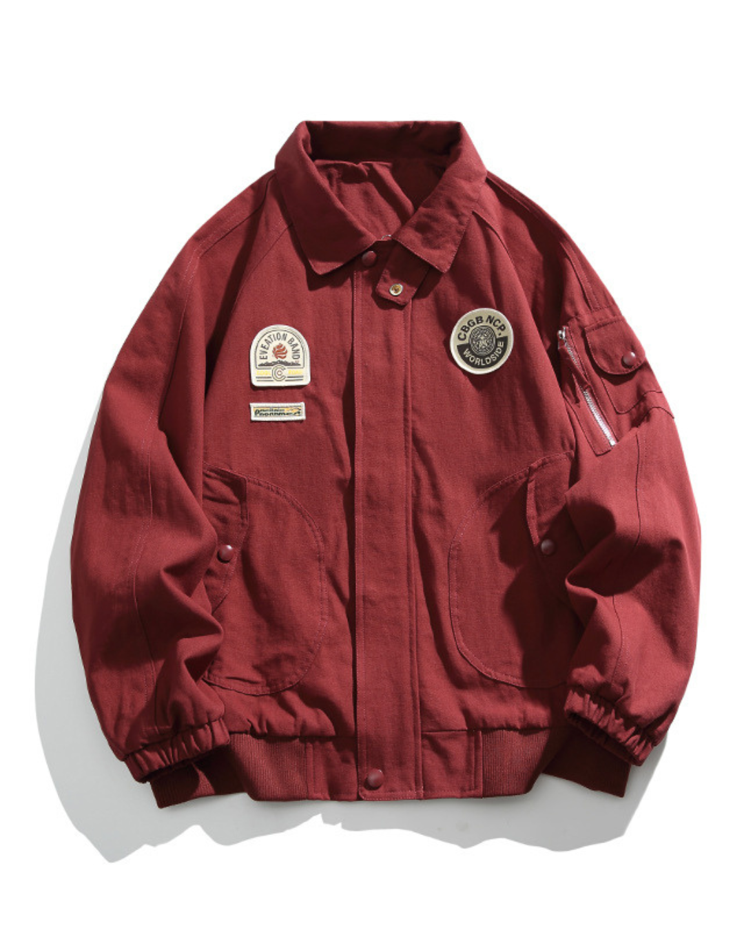 American Retro Badge Collared Bomber Jacket In Red