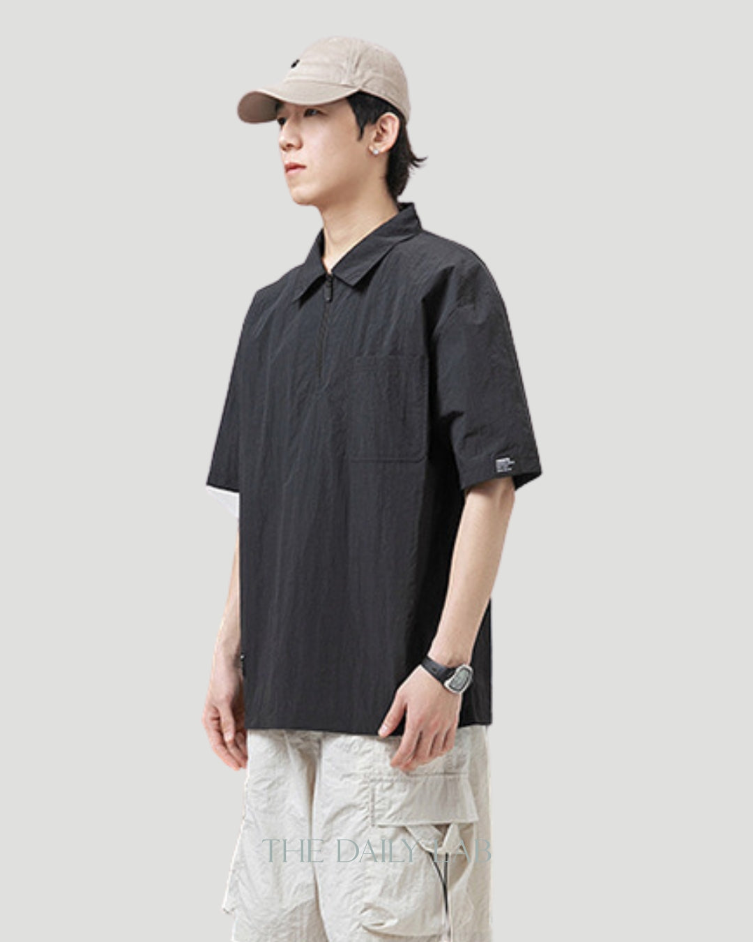 Zippered Cargo Polo Shirt in Black