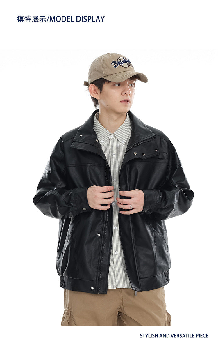 American Retro PU Leather Motorcycle Jacket In Black