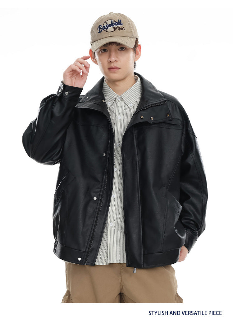 American Retro PU Leather Motorcycle Jacket In Black