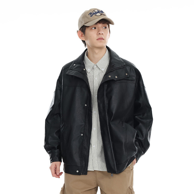 American Retro PU Leather Motorcycle Jacket In Black
