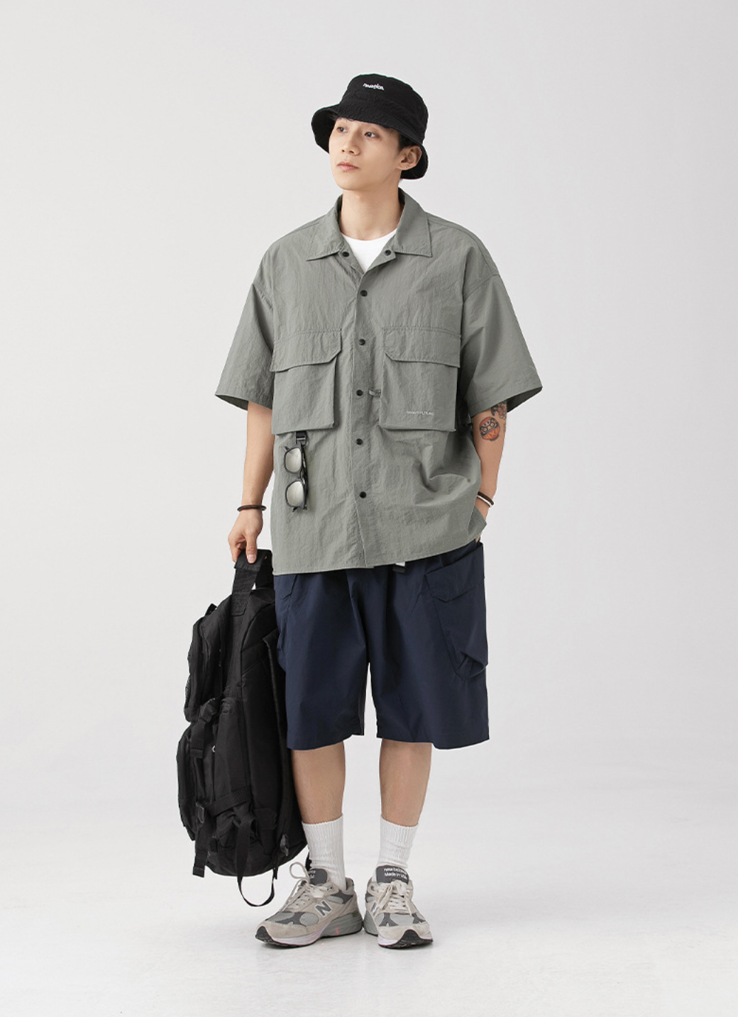 Nylon Cargo Buttoned Shirt in Ash Green
