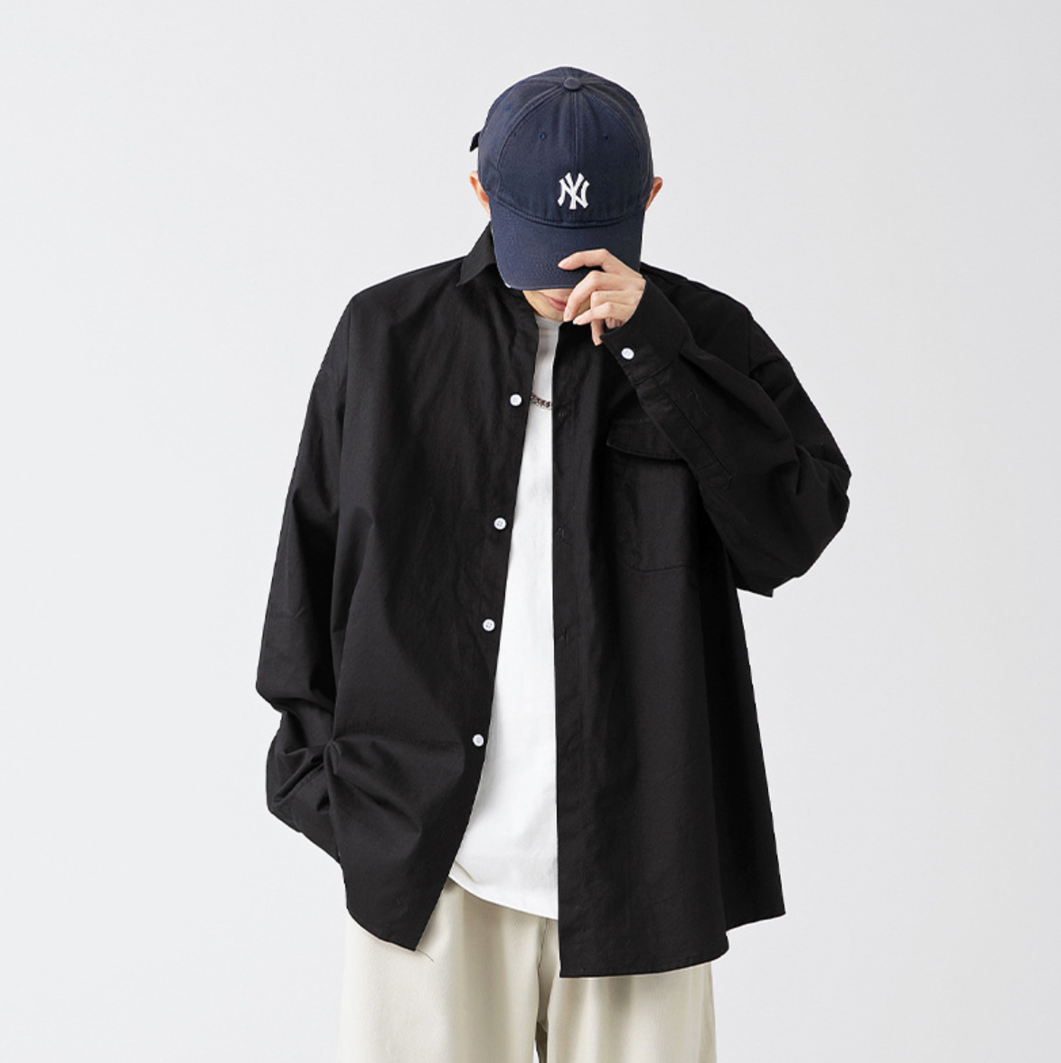 Cotton Buttoned Oversized Shirt in Black
