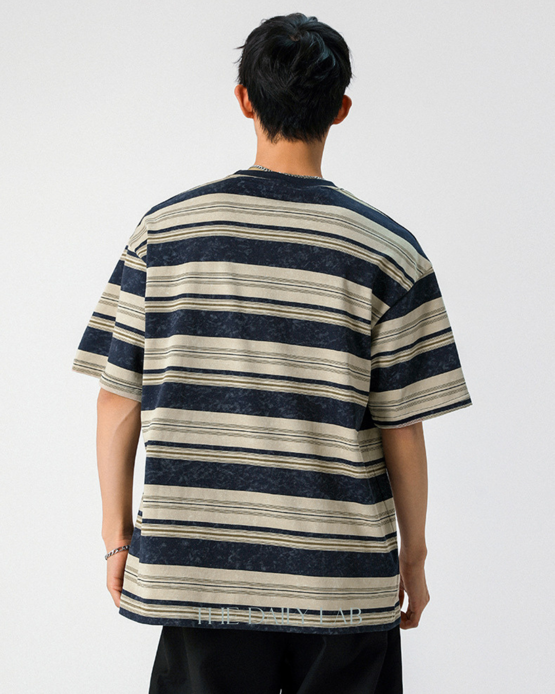 Vintage Tie-Dye Striped Tee in Navy Blue