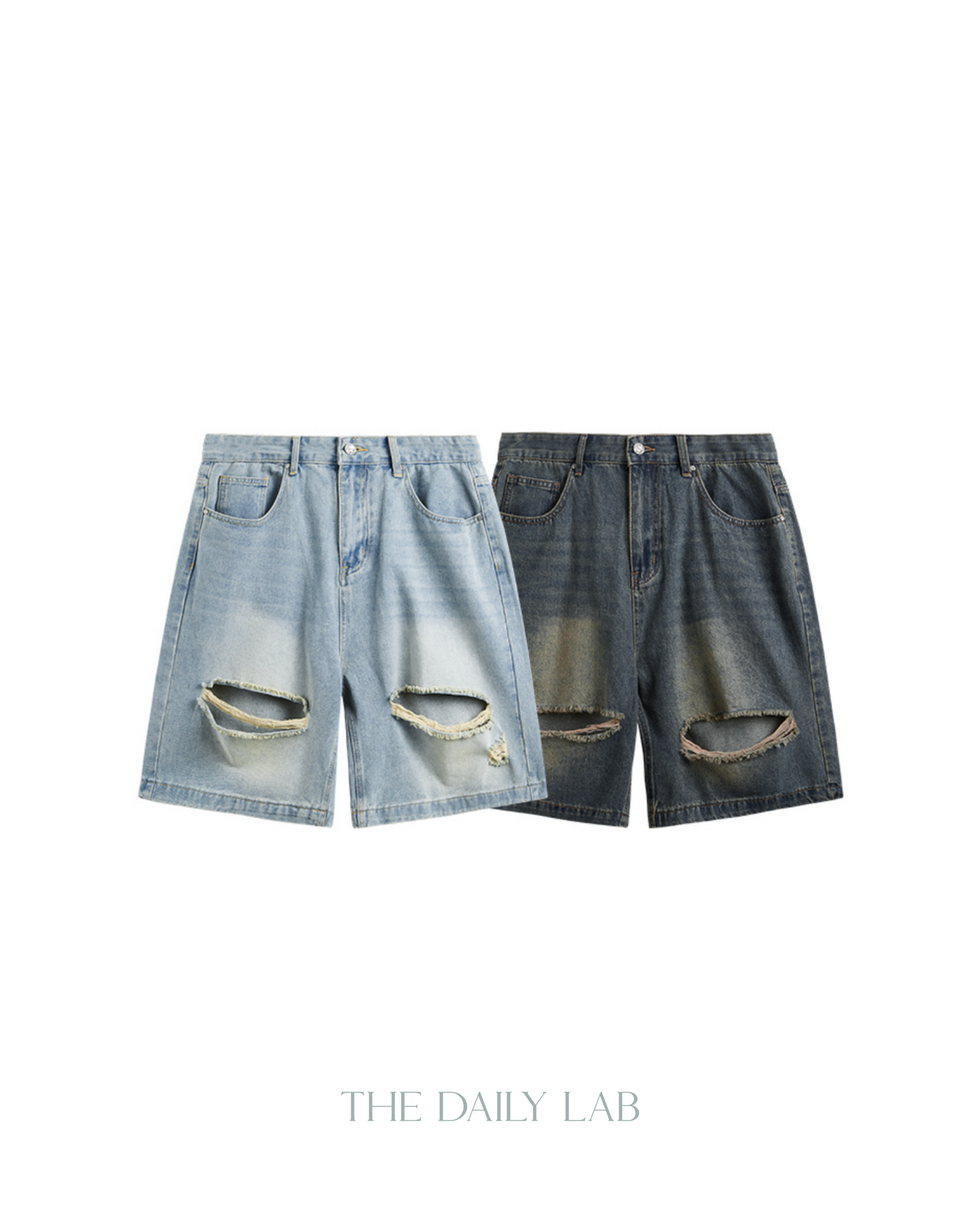 Loose Fit Ripped Denim Shorts in Dark Blue