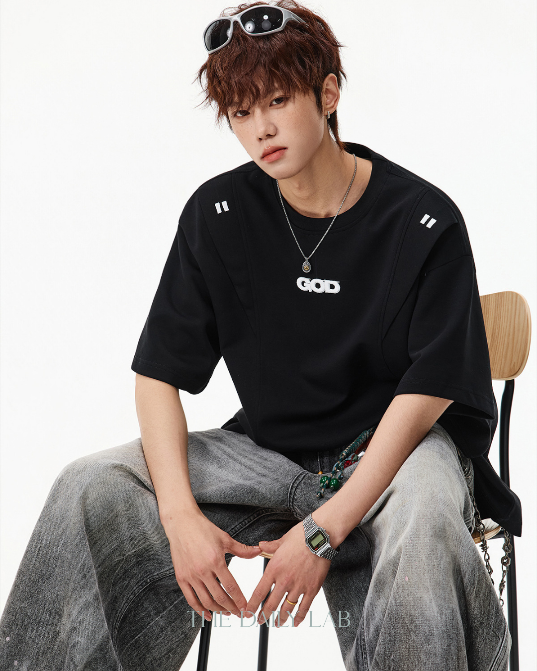 Structured Panel Cotton T-Shirt in Black