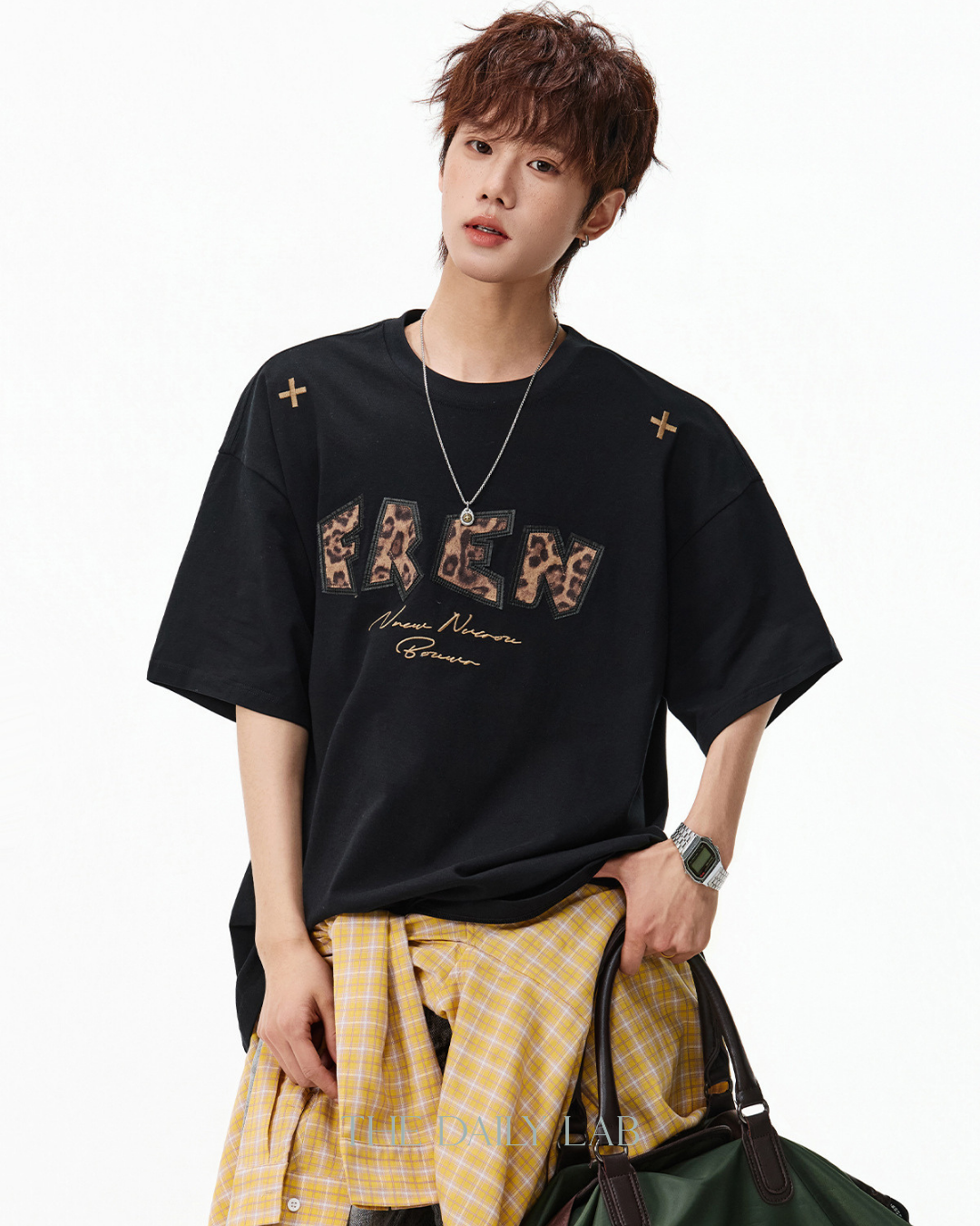 Leopard Print Patch Embroidered Tee in Black