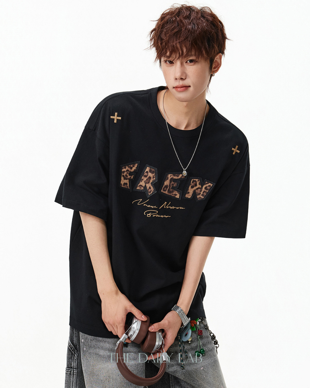 Leopard Print Patch Embroidered Tee in Black