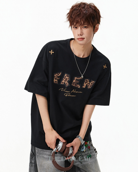 Leopard Print Patch Embroidered Tee in Black