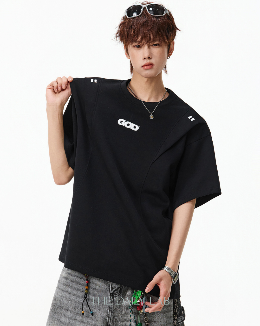 Structured Panel Cotton T-Shirt in Black